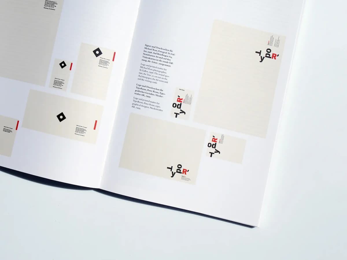 Printed Matter Mainly Books: stationery for Michael Rast and TypoRenn, bilingual captions and open spaces between objects.