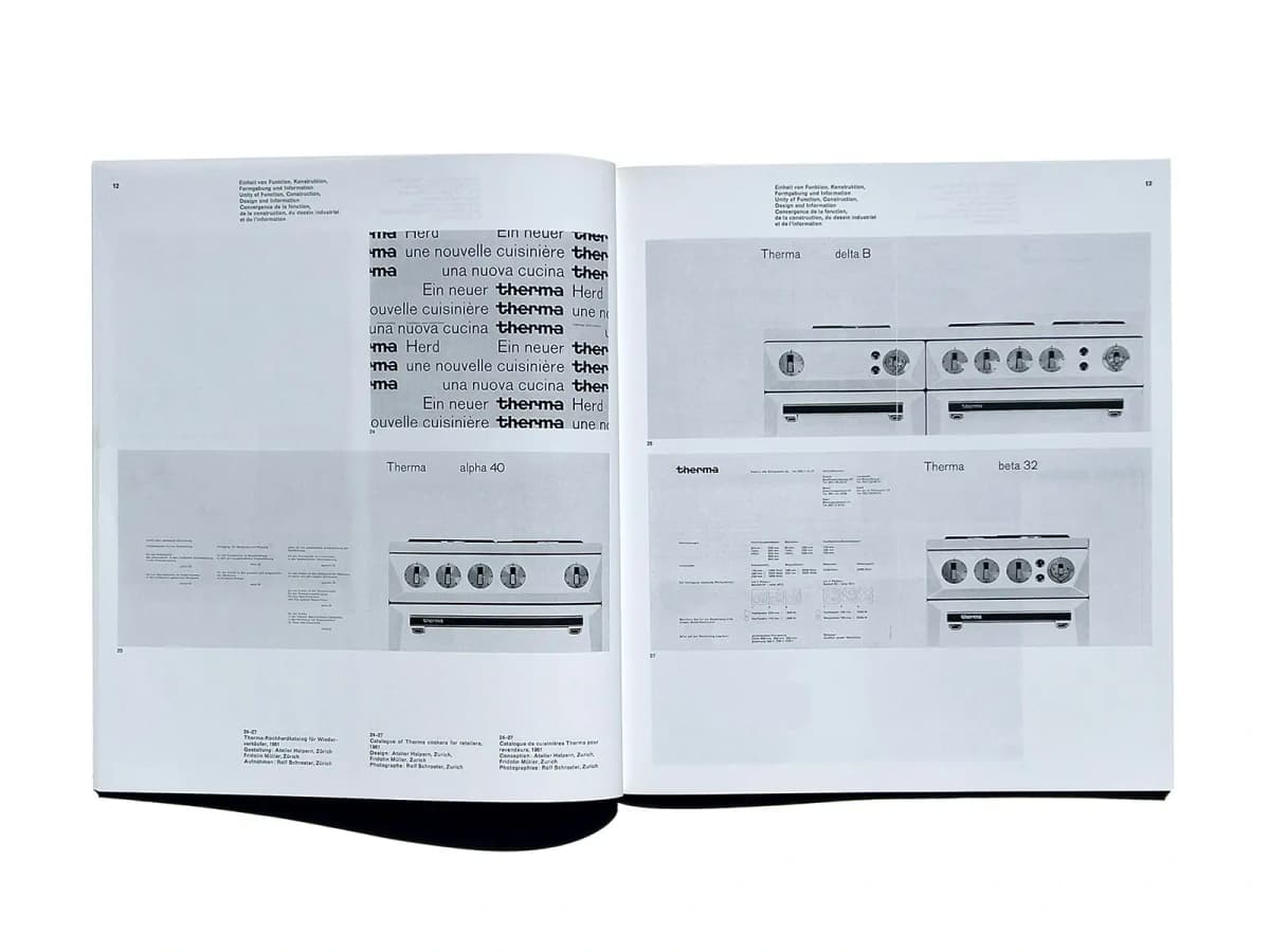 Neue Grafik, pages 12–13 of one issue: reproductions of a Therma catalogue and compact captions in three languages.