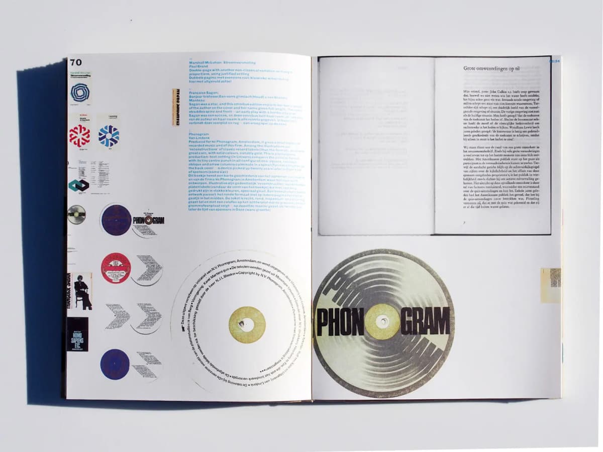 Printed Matter / Drukwerk: a spread of Phonogram work with blue commentary and large circular reproductions.