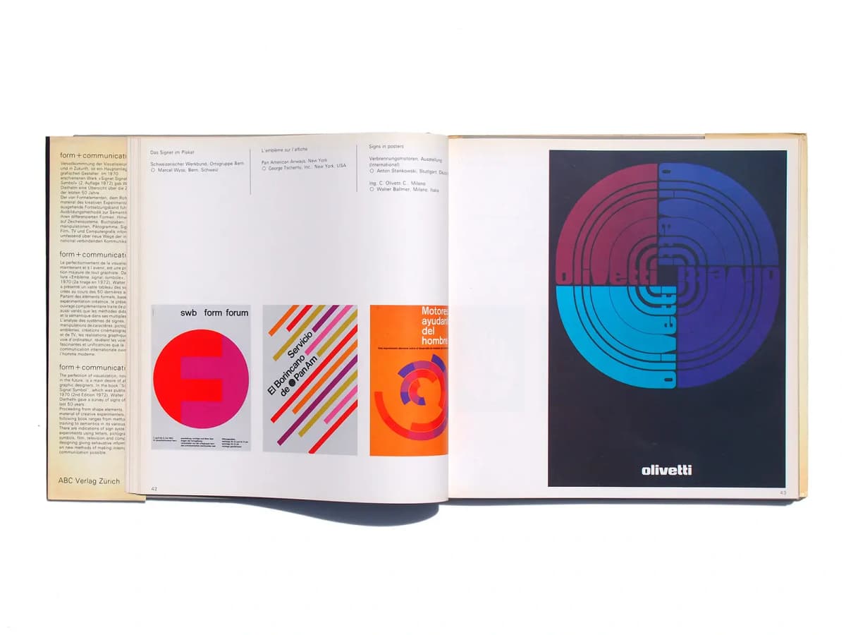 Form + Communication, pages 42–43: three small posters on the left and a large Olivetti reproduction on the right.