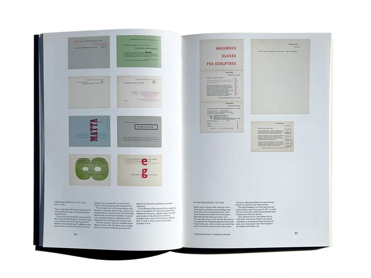Anthony Froshaug, pages 54–55: cards and printed sheets above a separate band of editorial commentary.