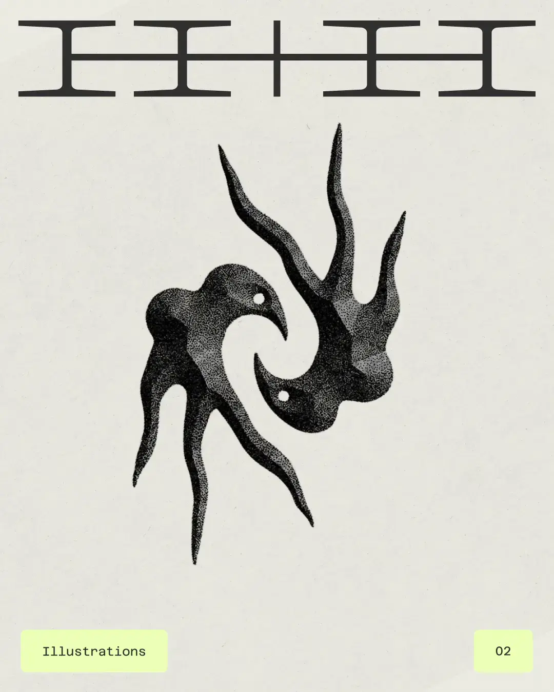 Two dark sculptural bird forms beneath the HOW+HOW logo on a pale background