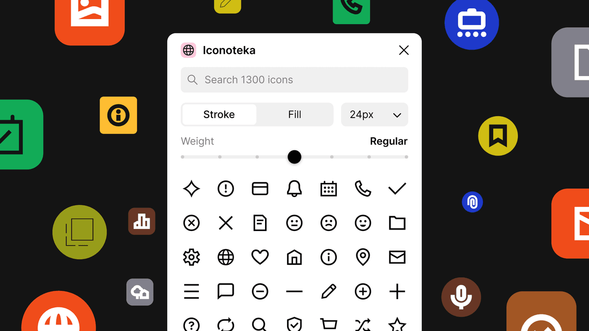 Iconoteka Figma plugin with icon search, Stroke and Fill options, an export size selector and a weight slider