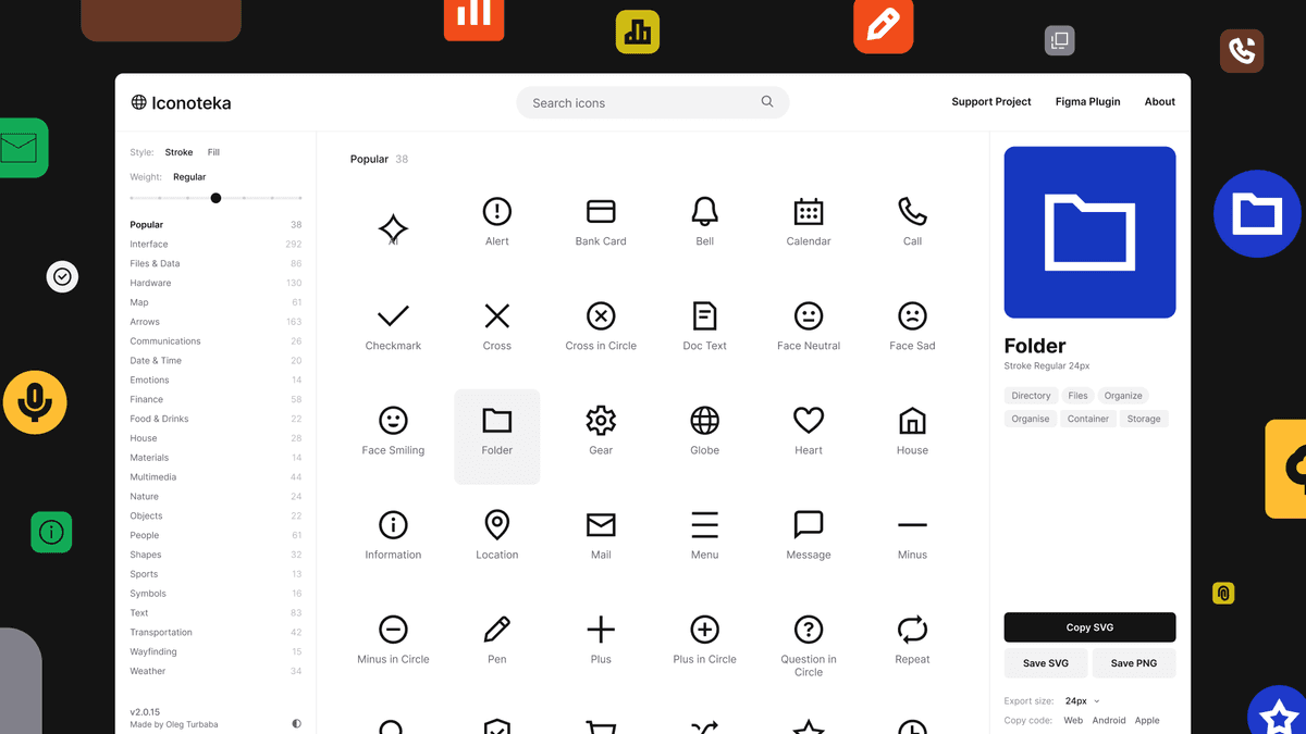 Iconoteka website showing icon categories, a grid of outline icons and a folder icon preview