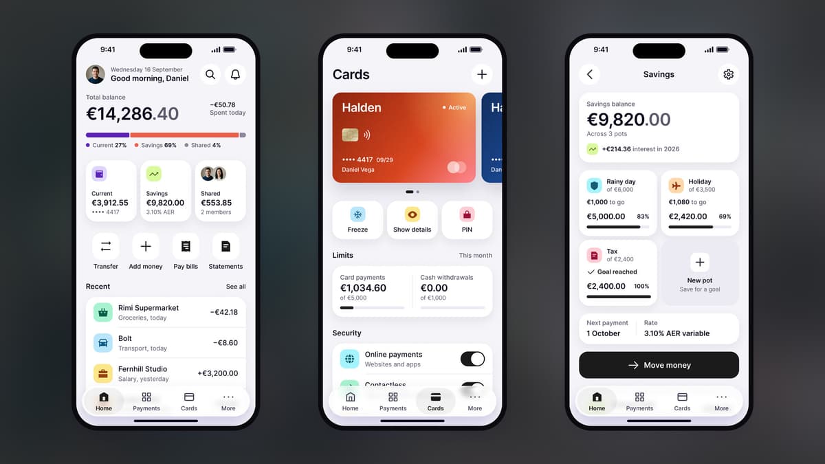 Three banking app mockups with Iconoteka icons in action buttons, account categories and bottom navigation