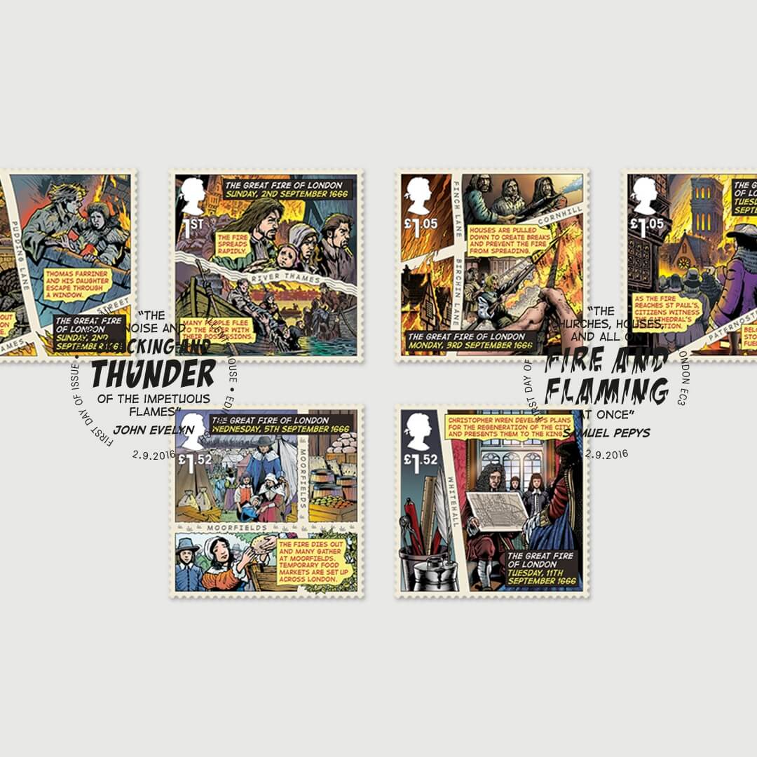 Stamp Collection Design For Royal Mail's Great Fire Of London Series